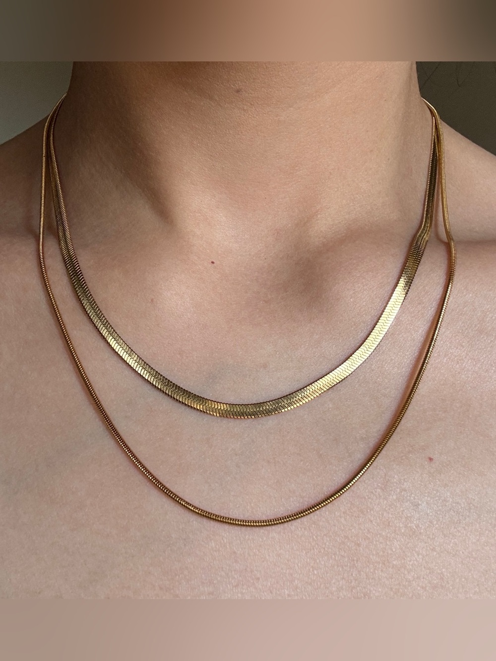 Gold Double Layer Herringbone & Snake Necklace Set